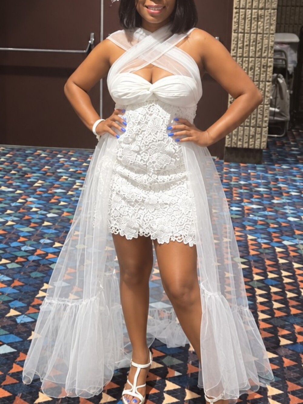 For Love And Lemon Elegant White Lace Mini Dress with Sheer Train